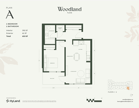 Floor plan for 1 bed, 1 bath, 592 sqft